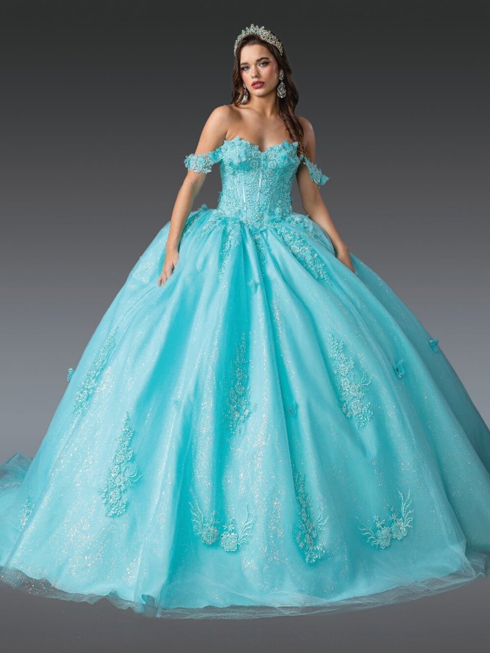 NEW AQUA MARINE Lace Off Shoulder Quinceanera Ball Gown Floor Length 1930